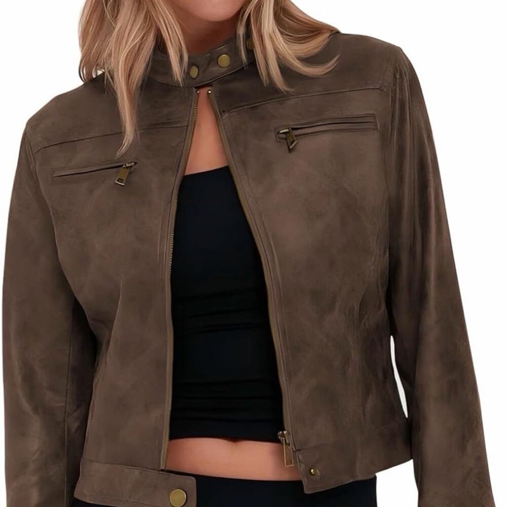 Brown Faux Leather Women's Jacket - Picture 2 of 4